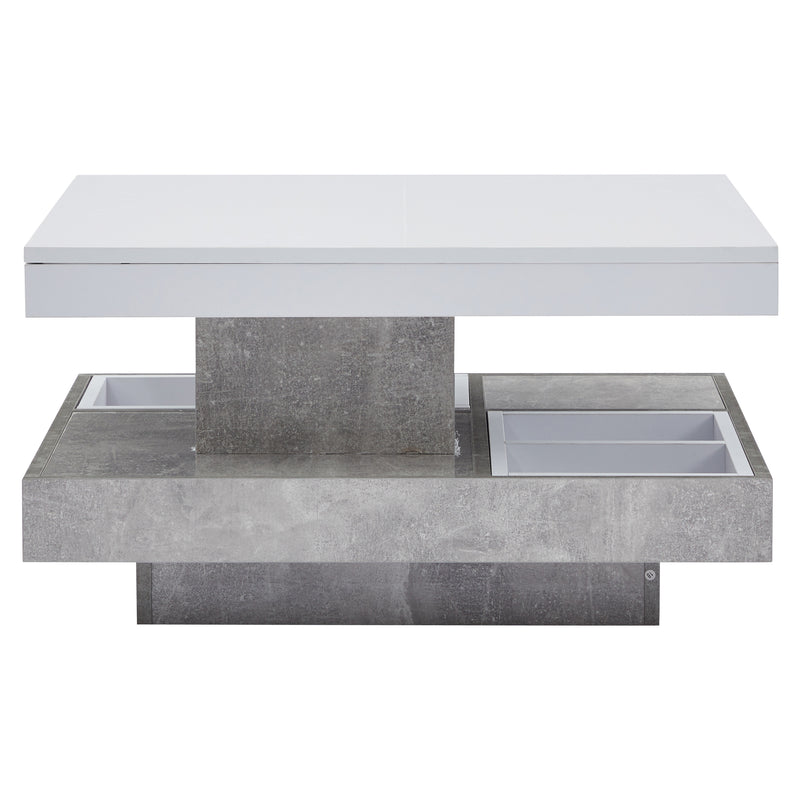 Table basse double plateau brillant pivotant à 360° en blanc et effet marbre grise clair 70*70cm ACHO