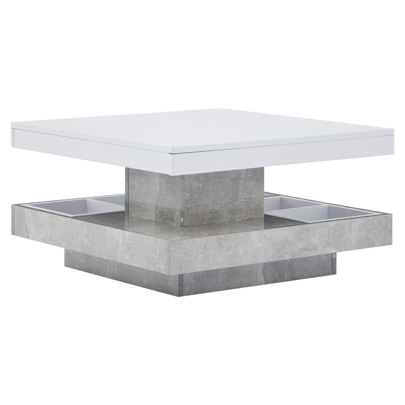 Table basse double plateau brillant pivotant à 360° en blanc et effet marbre grise clair 70*70cm ACHO