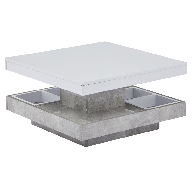 Table basse double plateau brillant pivotant à 360° en blanc et effet marbre grise clair 70*70cm ACHO