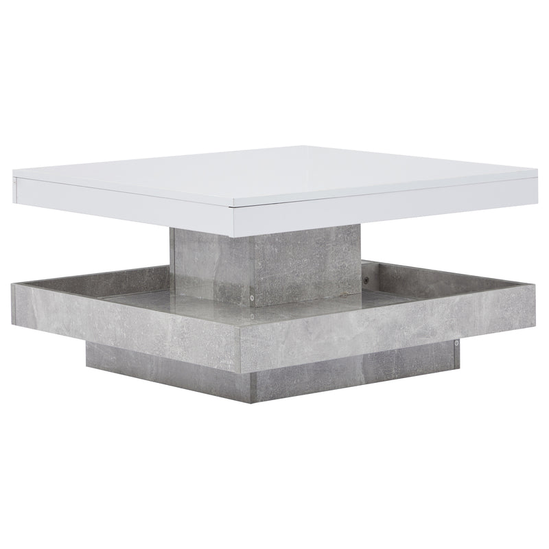 Table basse double plateau brillant pivotant à 360° en blanc et effet marbre grise clair 70*70cm ACHO