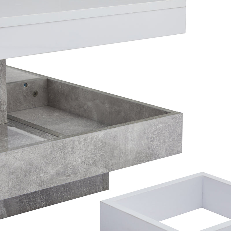 Table basse double plateau brillant pivotant à 360° en blanc et effet marbre grise clair 70*70cm ACHO