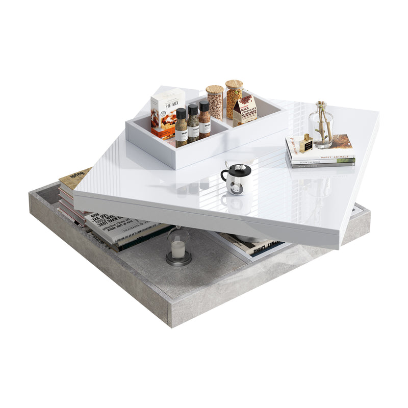 Table basse double plateau brillant pivotant à 360° en blanc et effet marbre grise clair 70*70cm ACHO