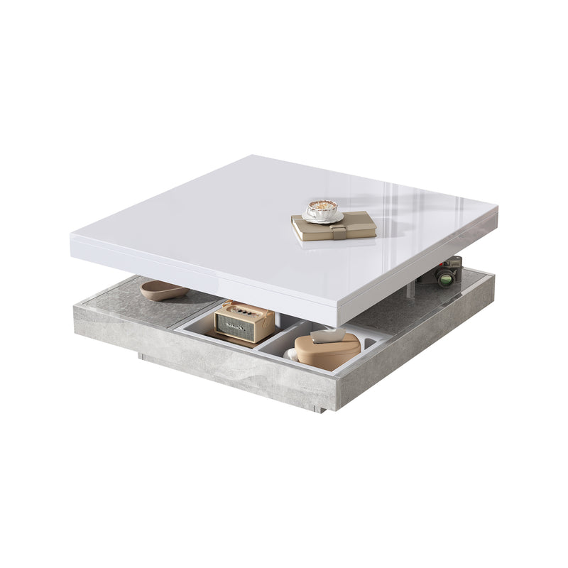 Table basse double plateau brillant pivotant à 360° en blanc et effet marbre grise clair 70*70cm ACHO