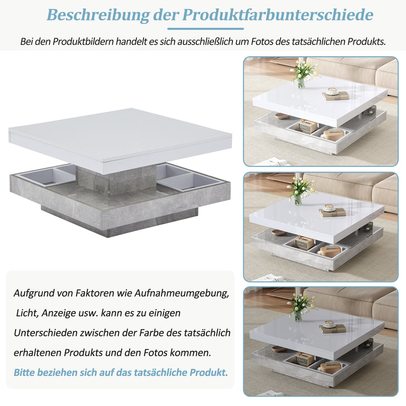 Table basse double plateau brillant pivotant à 360° en blanc et effet marbre grise clair 70*70cm ACHO