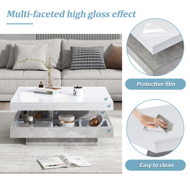 Table basse double plateau brillant pivotant à 360° en blanc et effet marbre grise clair 70*70cm ACHO