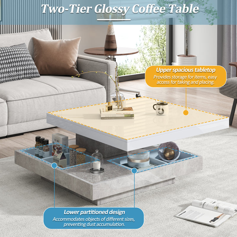Table basse double plateau brillant pivotant à 360° en blanc et effet marbre grise clair 70*70cm ACHO