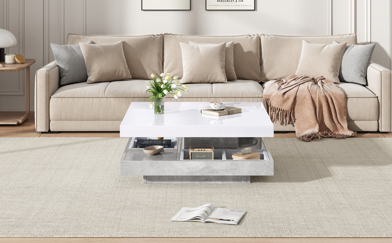 Table basse double plateau brillant pivotant à 360° en blanc et effet marbre grise clair 70*70cm ACHO