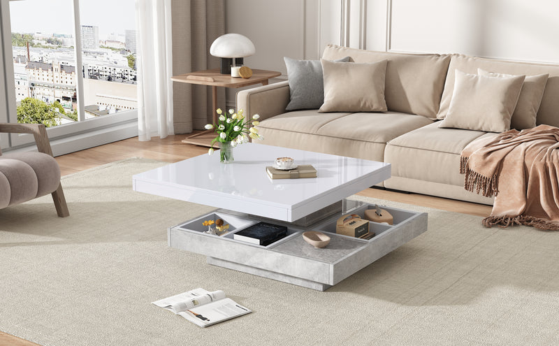 Table basse double plateau brillant pivotant à 360° en blanc et effet marbre grise clair 70*70cm ACHO