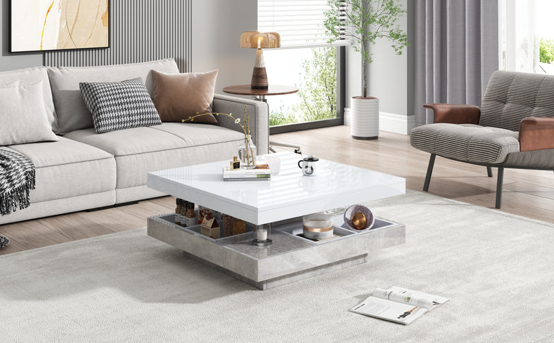 Table basse double plateau brillant pivotant à 360° en blanc et effet marbre grise clair 70*70cm ACHO