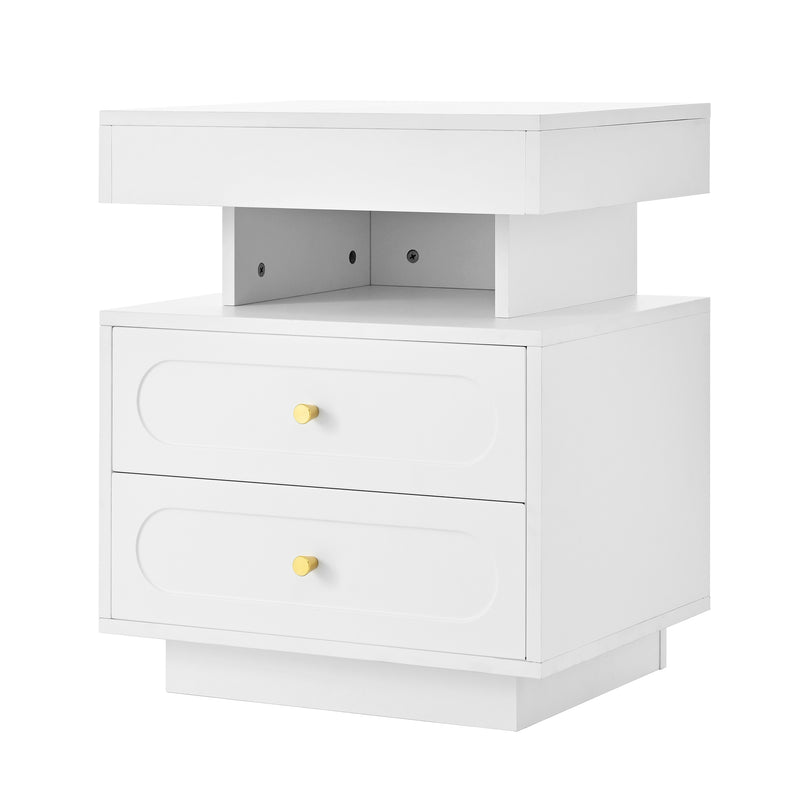 Table de chevet blanche avec éclairage LED, 2 tiroirs et rangement ouvert 50x40x60cm ACTUATOR