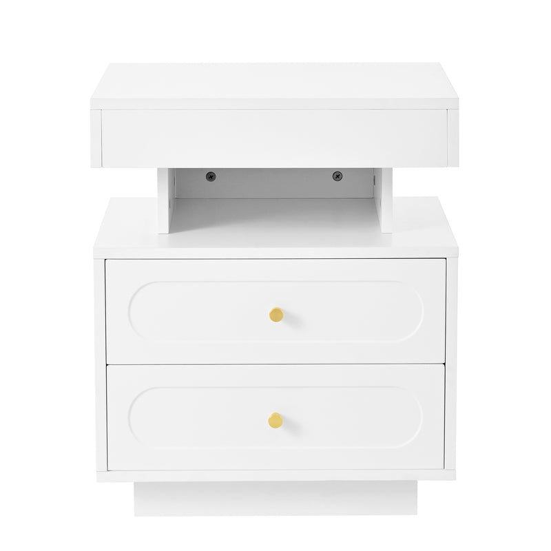 Table de chevet blanche avec éclairage LED, 2 tiroirs et rangement ouvert 50x40x60cm ACTUATOR