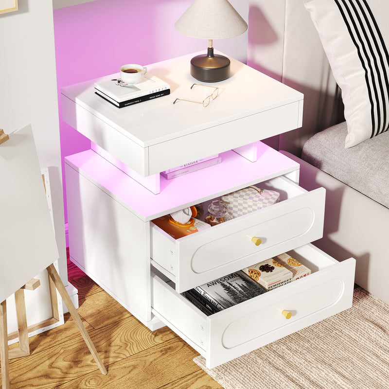 Table de chevet blanche avec éclairage LED, 2 tiroirs et rangement ouvert 50x40x60cm ACTUATOR