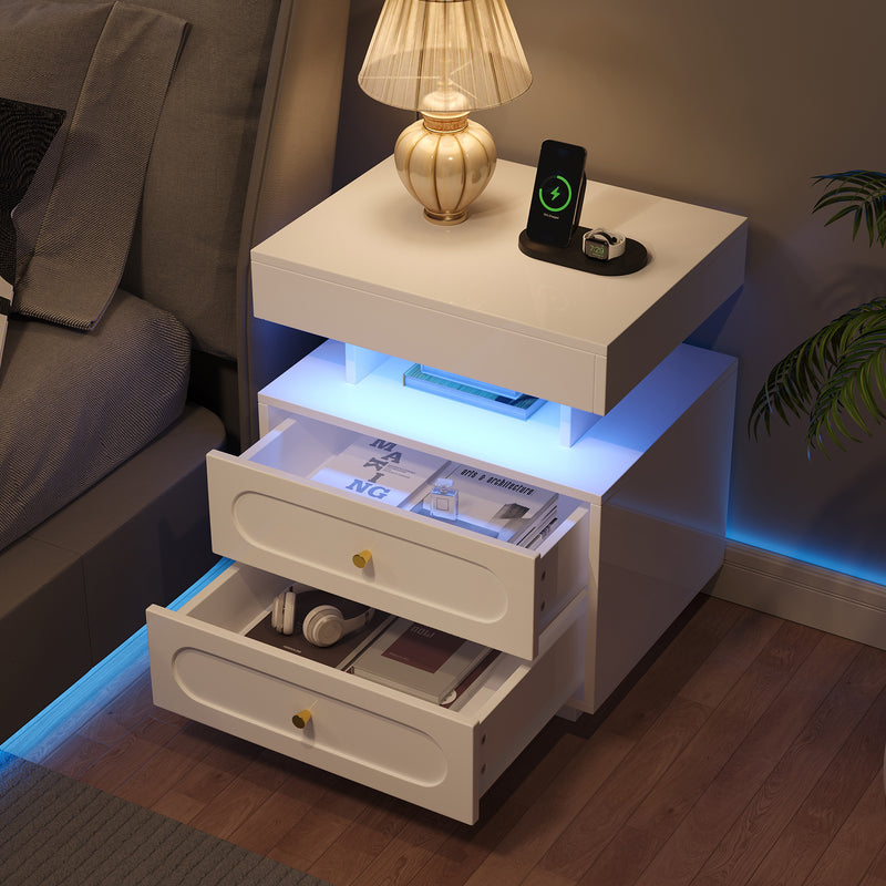 Table de chevet blanche avec éclairage LED, 2 tiroirs et rangement ouvert 50x40x60cm ACTUATOR