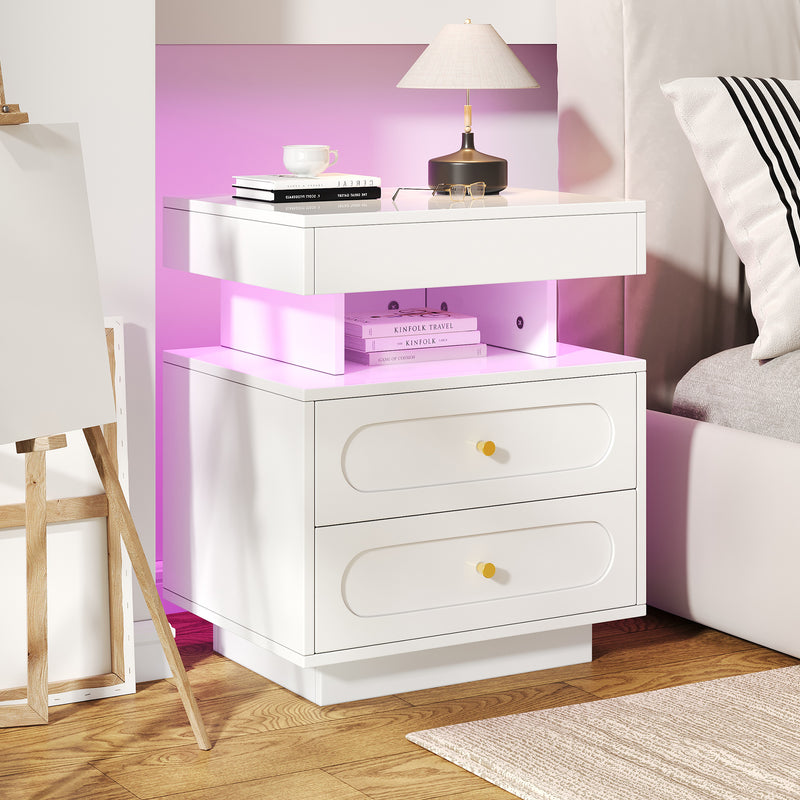 Table de chevet blanche avec éclairage LED, 2 tiroirs et rangement ouvert 50x40x60cm ACTUATOR