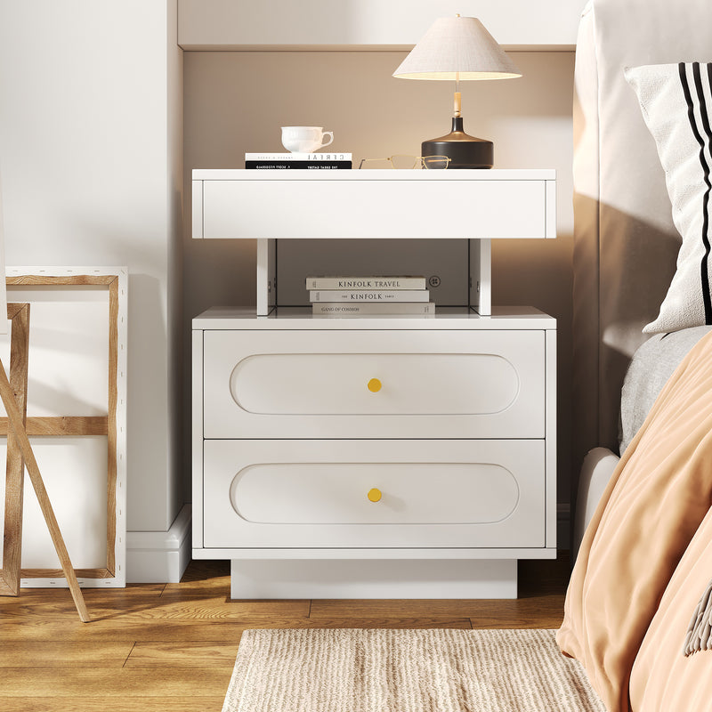 Table de chevet blanche avec éclairage LED, 2 tiroirs et rangement ouvert 50x40x60cm ACTUATOR