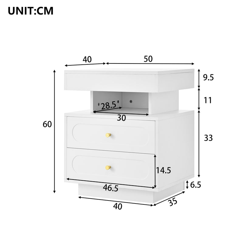 Table de chevet blanche avec éclairage LED, 2 tiroirs et rangement ouvert 50x40x60cm ACTUATOR