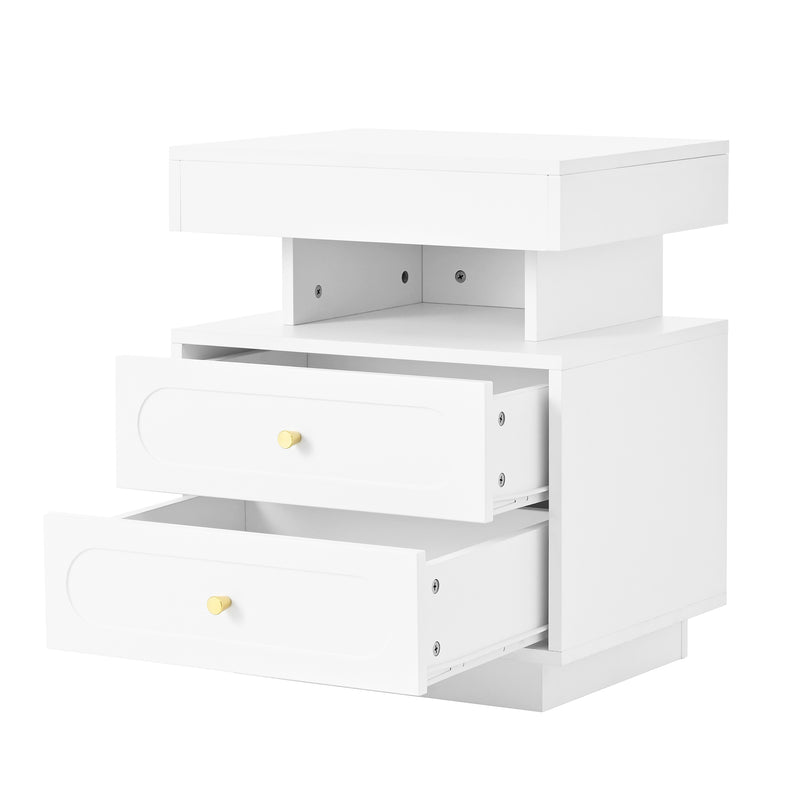 Table de chevet blanche avec éclairage LED, 2 tiroirs et rangement ouvert 50x40x60cm ACTUATOR
