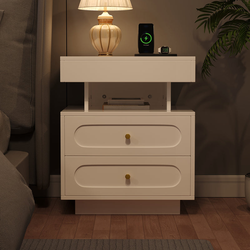 Table de chevet blanche avec éclairage LED, 2 tiroirs et rangement ouvert 50x40x60cm ACTUATOR