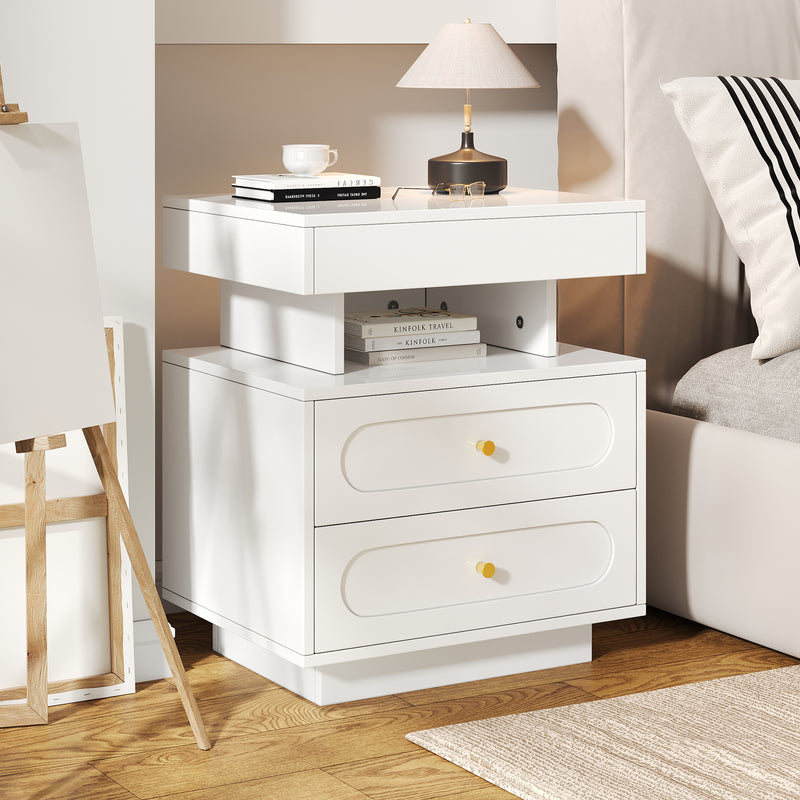 Table de chevet blanche avec éclairage LED, 2 tiroirs et rangement ouvert 50x40x60cm ACTUATOR