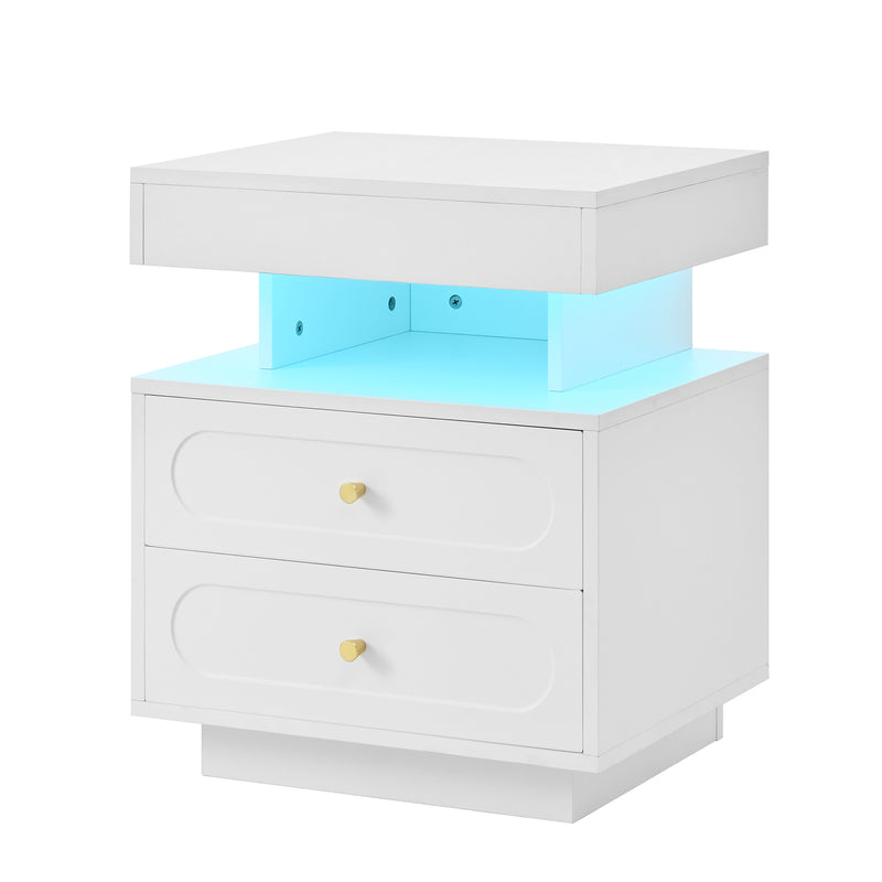 Table de chevet blanche avec éclairage LED, 2 tiroirs et rangement ouvert 50x40x60cm ACTUATOR