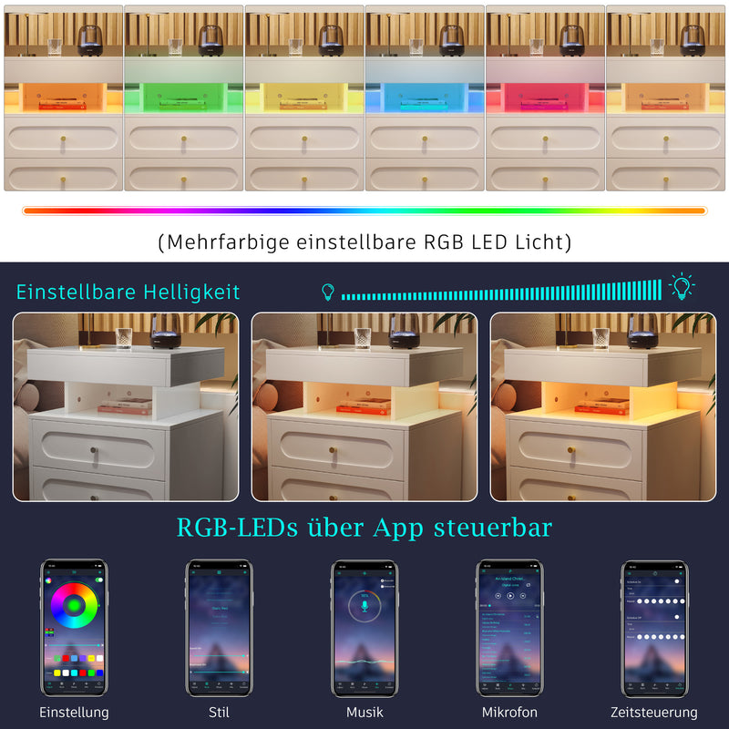 Table de chevet blanche avec éclairage LED, 2 tiroirs et rangement ouvert 50x40x60cm ACTUATOR