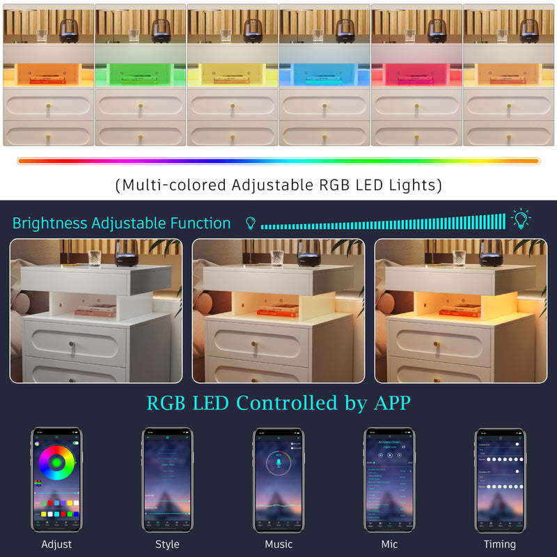 Table de chevet blanche avec éclairage LED, 2 tiroirs et rangement ouvert 50x40x60cm ACTUATOR