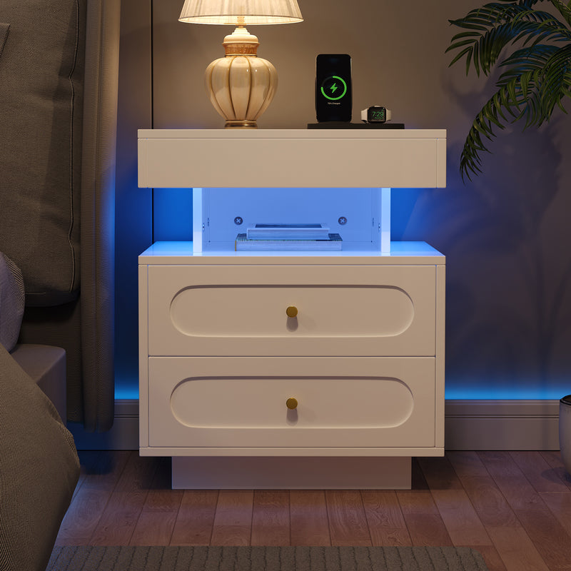 Table de chevet blanche avec éclairage LED, 2 tiroirs et rangement ouvert 50x40x60cm ACTUATOR