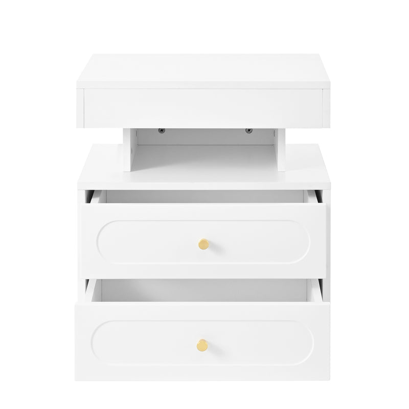 Table de chevet blanche avec éclairage LED, 2 tiroirs et rangement ouvert 50x40x60cm ACTUATOR
