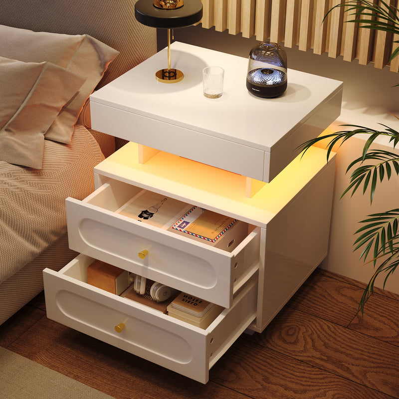 Table de chevet blanche avec éclairage LED, 2 tiroirs et rangement ouvert 50x40x60cm ACTUATOR