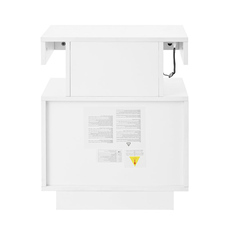 Table de chevet blanche avec éclairage LED, 2 tiroirs et rangement ouvert 50x40x60cm ACTUATOR