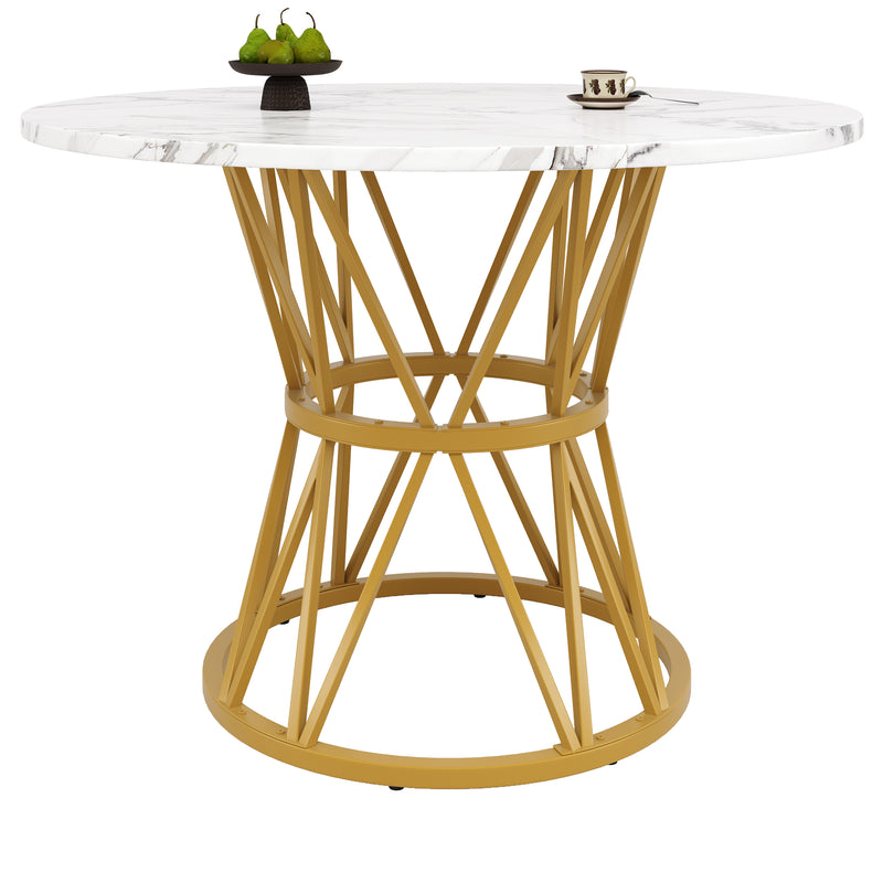 Table de salle à manger ronde effet marbre blanc pieds chic dorés ADHIEH