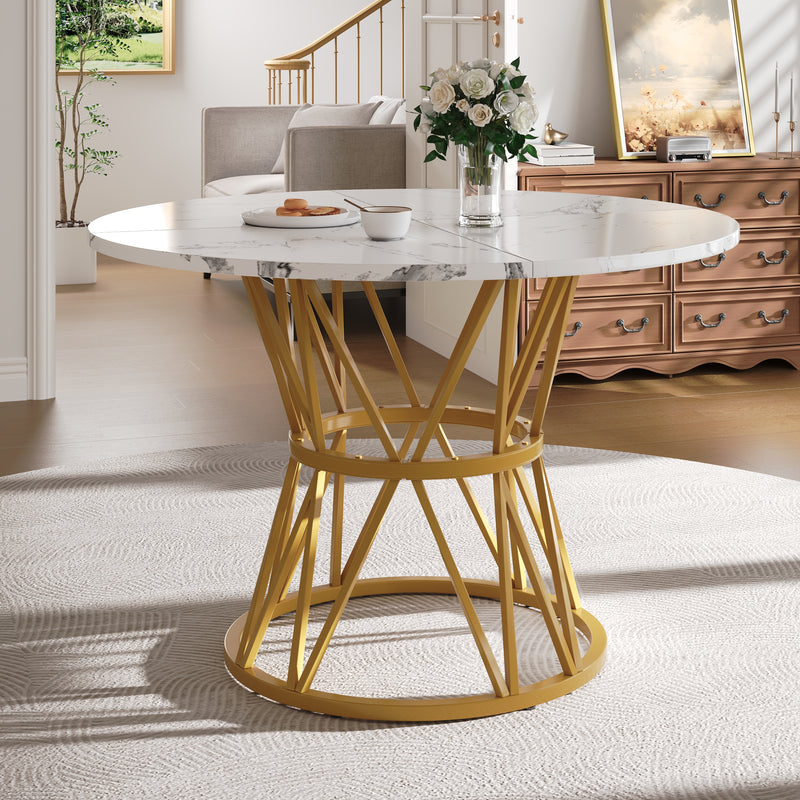 Table de salle à manger ronde effet marbre blanc pieds chic dorés ADHIEH