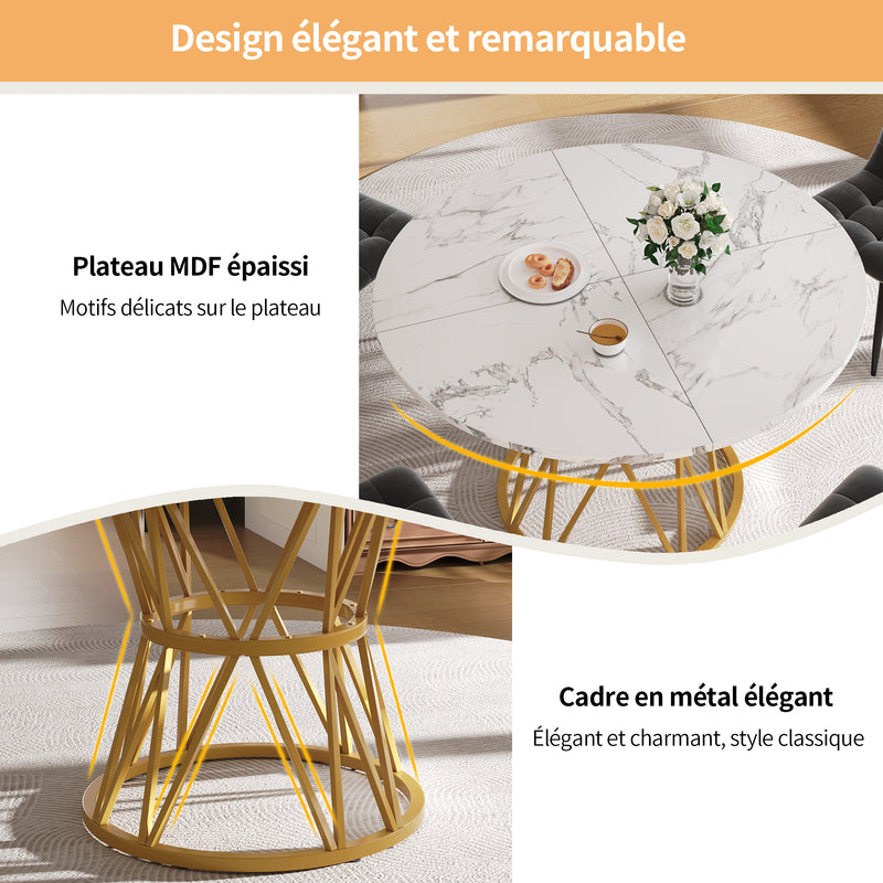 Table de salle à manger ronde effet marbre blanc pieds chic dorés ADHIEH