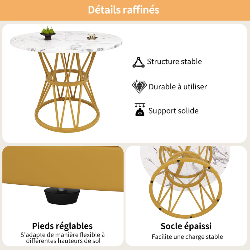 Table de salle à manger ronde effet marbre blanc pieds chic dorés ADHIEH
