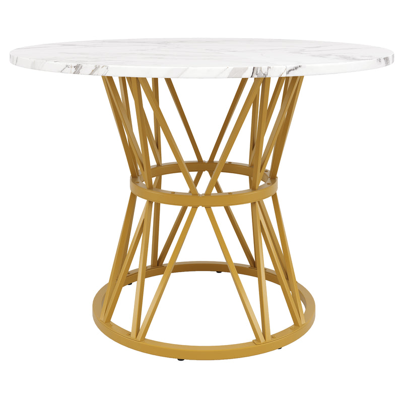 Table de salle à manger ronde effet marbre blanc pieds chic dorés ADHIEH