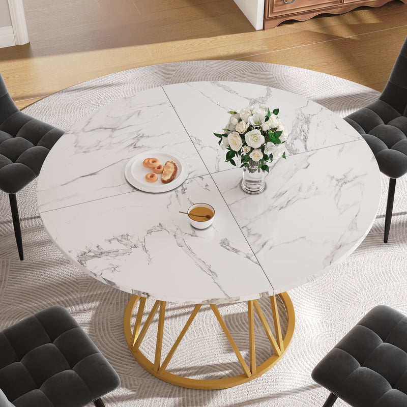 Table de salle à manger ronde effet marbre blanc pieds chic dorés ADHIEH
