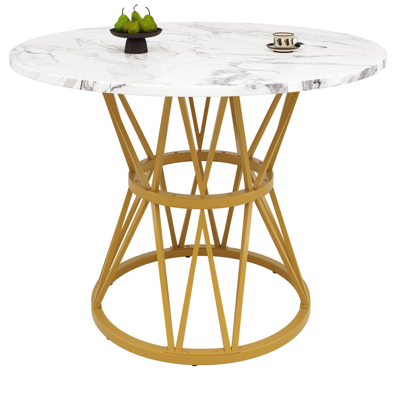 Table de salle à manger ronde effet marbre blanc pieds chic dorés ADHIEH
