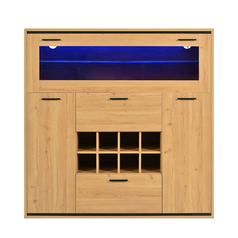 Buffet haut effet bois porte battante éclairage LED et range bouteuille AEDOL