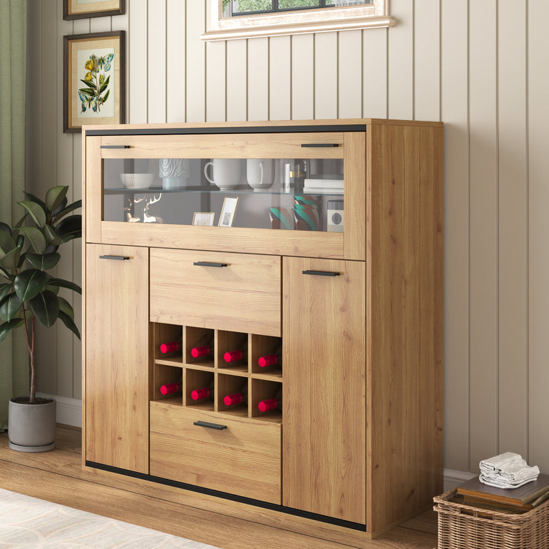 Buffet haut effet bois porte battante éclairage LED et range bouteuille AEDOL