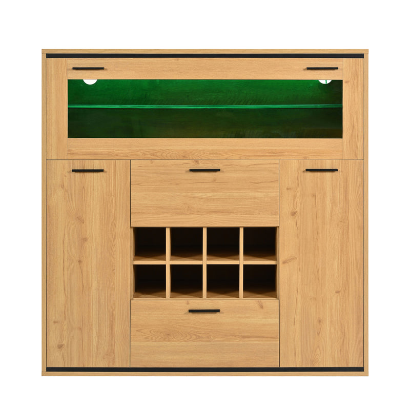 Buffet haut effet bois porte battante éclairage LED et range bouteuille AEDOL
