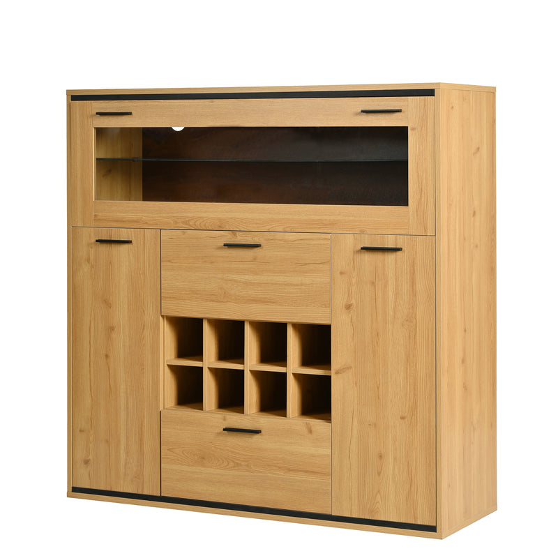 Buffet haut effet bois porte battante éclairage LED et range bouteuille AEDOL