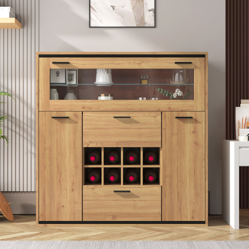 Buffet haut effet bois porte battante éclairage LED et range bouteuille AEDOL