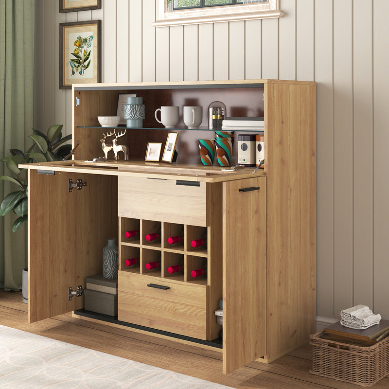 Buffet haut effet bois porte battante éclairage LED et range bouteuille AEDOL