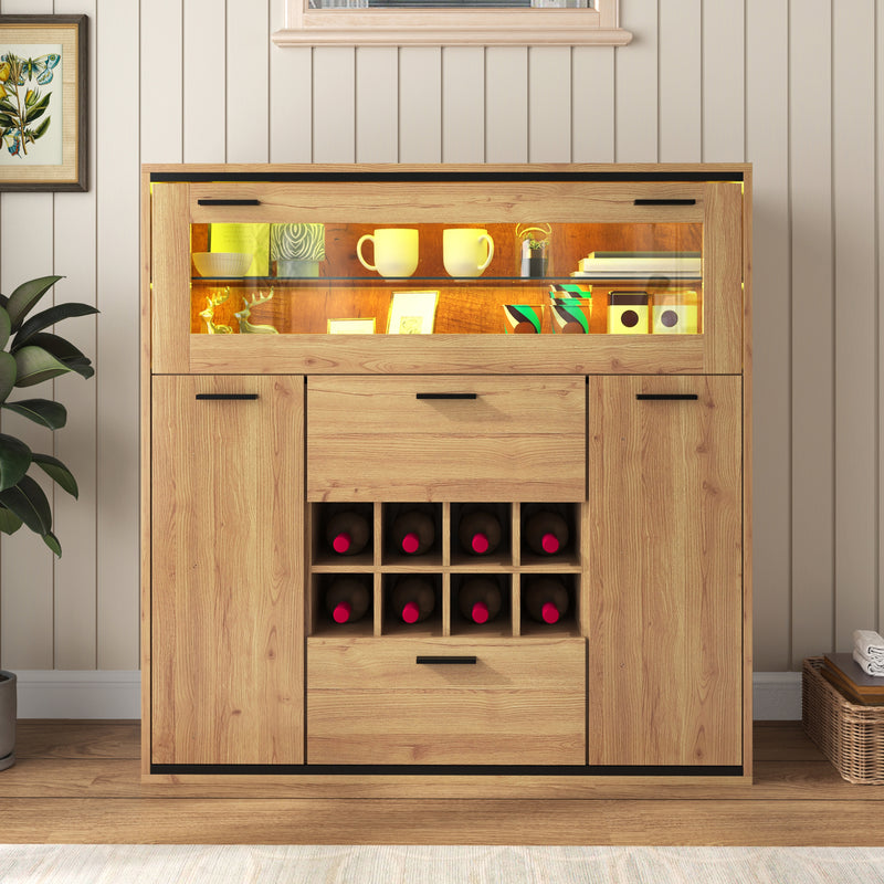 Buffet haut effet bois porte battante éclairage LED et range bouteuille AEDOL