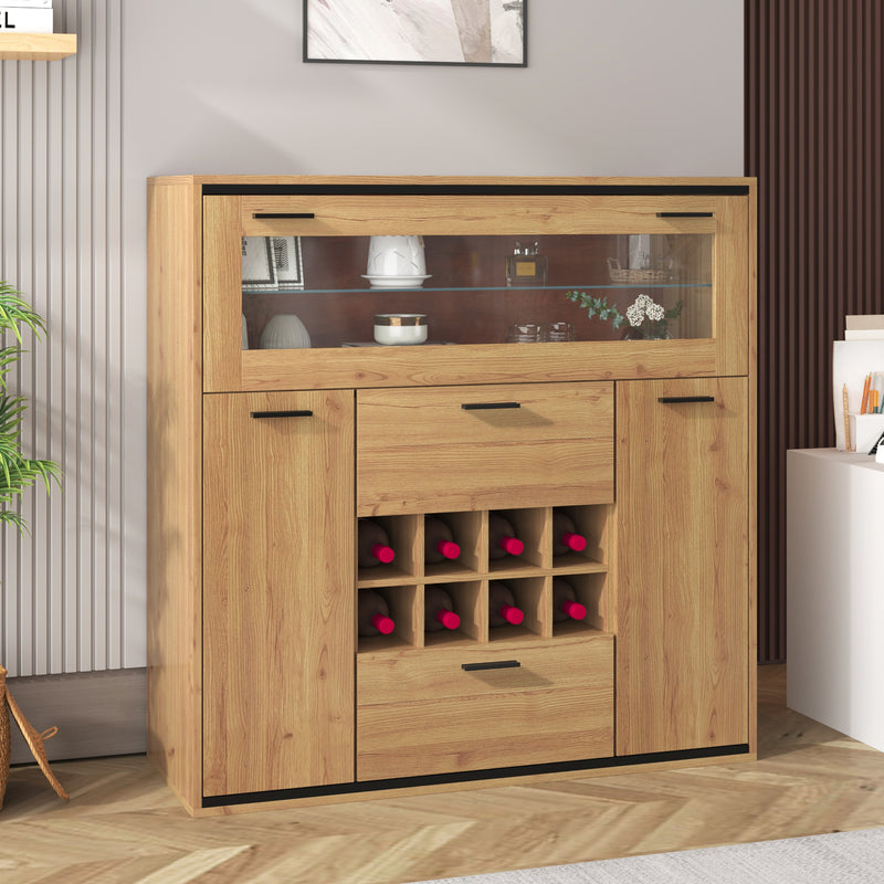 Buffet haut effet bois porte battante éclairage LED et range bouteuille AEDOL