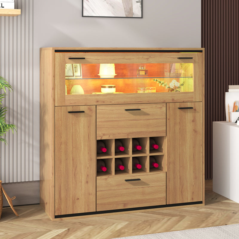 Buffet haut effet bois porte battante éclairage LED et range bouteuille AEDOL