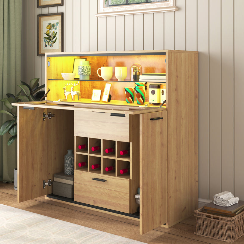 Buffet haut effet bois porte battante éclairage LED et range bouteuille AEDOL