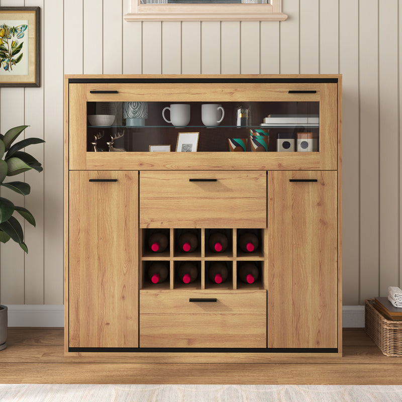 Buffet haut effet bois porte battante éclairage LED et range bouteuille AEDOL