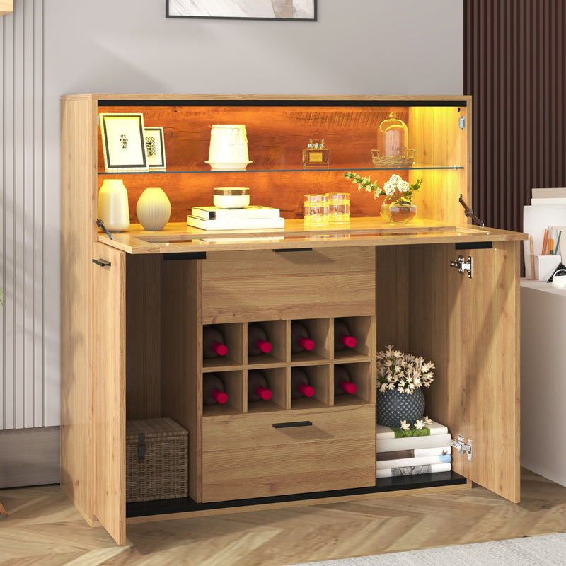 Buffet haut effet bois porte battante éclairage LED et range bouteuille AEDOL