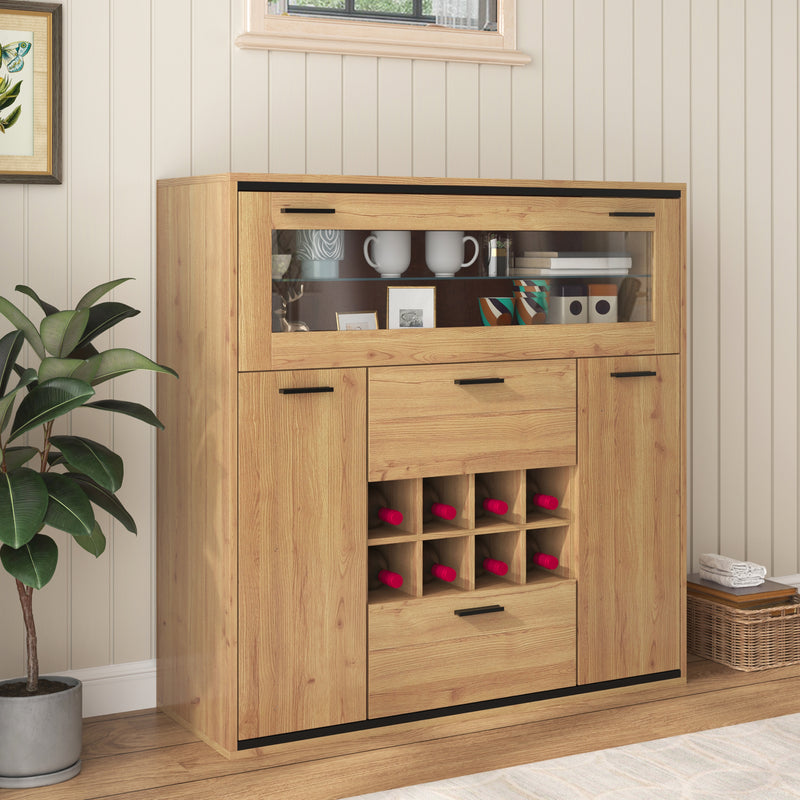 Buffet haut effet bois porte battante éclairage LED et range bouteuille AEDOL